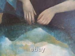 Old painting oil wood portrait of an elegant melancholic woman with blue drapery