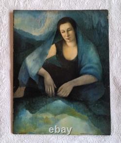 Old painting oil wood portrait of an elegant melancholic woman with blue drapery