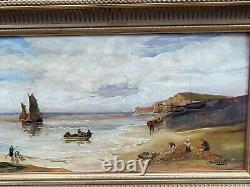 Old painting signed. Seaside scene. Oil painting on wooden panel.