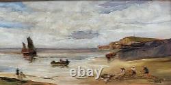 Old painting signed. Seaside scene. Oil painting on wooden panel.