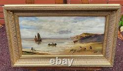 Old painting signed. Seaside scene. Oil painting on wooden panel.