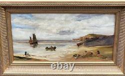 Old painting signed. Seaside scene. Oil painting on wooden panel.