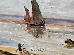 Old painting signed. Seaside scene. Oil painting on wooden panel.