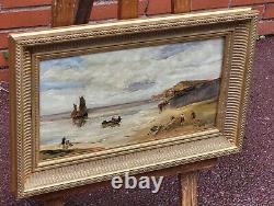 Old painting signed. Seaside scene. Oil painting on wooden panel.