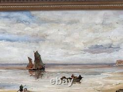 Old painting signed. Seaside scene. Oil painting on wooden panel.