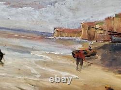 Old painting signed. Seaside scene. Oil painting on wooden panel.