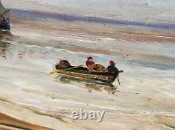 Old painting signed. Seaside scene. Oil painting on wooden panel.