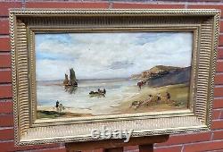 Old painting signed. Seaside scene. Oil painting on wooden panel.