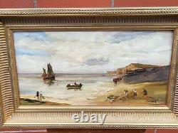 Old painting signed. Seaside scene. Oil painting on wooden panel.