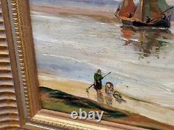 Old painting signed. Seaside scene. Oil painting on wooden panel.