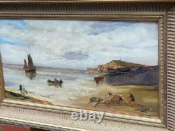 Old painting signed. Seaside scene. Oil painting on wooden panel.