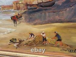 Old painting signed. Seaside scene. Oil painting on wooden panel.