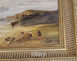 Old painting signed. Seaside scene. Oil painting on wooden panel.