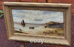 Old painting signed. Seaside scene. Oil painting on wooden panel.