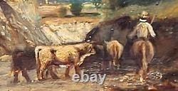 Old painting signed. Shepherd Cows. Oil painting on wooden panel XlX°