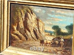 Old painting signed. Shepherd Cows. Oil painting on wooden panel XlX°
