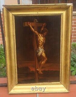 Old painting signed The Christ on the Cross Oil painting on wooden panel