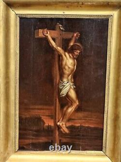 Old painting signed The Christ on the Cross Oil painting on wooden panel