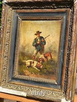 Old painting signed XIXth century. The Hunter. Oil painting on wooden panel.