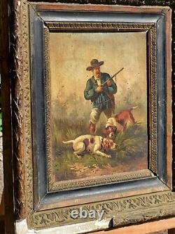 Old painting signed XIXth century. The Hunter. Oil painting on wooden panel.