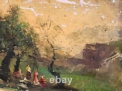 Old painting signed XlX° Style Animated Landscape Oil Painting on Wood Panel