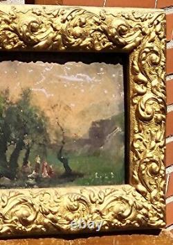 Old painting signed XlX° Style Animated Landscape Oil Painting on Wood Panel