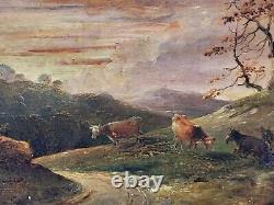 Old signed painting. Grazing cows. Oil painting on wood panel XIX century.