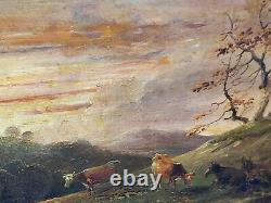 Old signed painting. Grazing cows. Oil painting on wooden panel 19th century