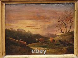 Old signed painting. Grazing cows. Oil painting on wooden panel 19th century