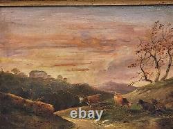 Old signed painting. Grazing cows. Oil painting on wooden panel 19th century