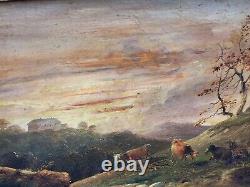 Old signed painting. Grazing cows. Oil painting on wooden panel 19th century