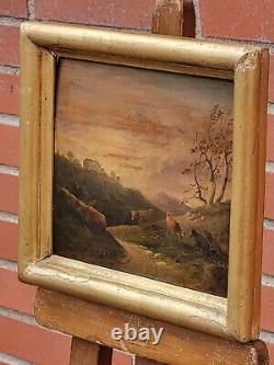 Old signed painting. Grazing cows. Oil painting on wooden panel 19th century