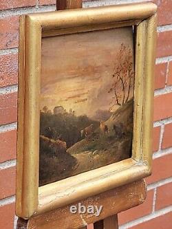 Old signed painting. Grazing cows. Oil painting on wooden panel 19th century