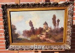 Old signed tableau. Landscape. Oil painting on wood panel.
