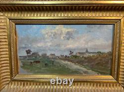 Old wooden painting in oil on gilded panel by G. Costeau