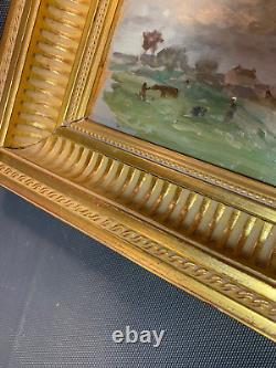 Old wooden painting in oil on gilded panel by G. Costeau