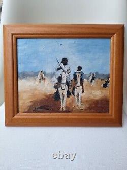 Orientalist Oil Painting on Wood of Tuaregs on Camel, Framed and Signed