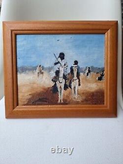 Orientalist Oil Painting on Wood of Tuaregs on Camel, Framed and Signed
