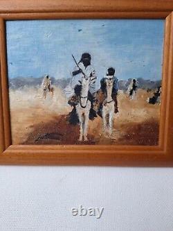 Orientalist Oil Painting on Wood of Tuaregs on Camel, Framed and Signed