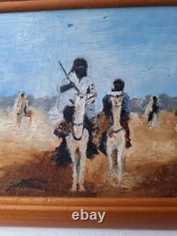 Orientalist Oil Painting on Wood of Tuaregs on Camel, Framed and Signed
