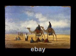 Orientalist Painting Ancient Oil On Panel Wood Tribu In The Desert