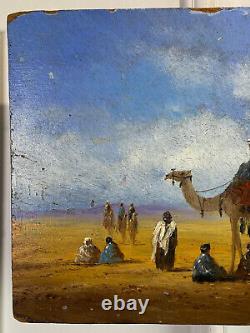 Orientalist Painting Ancient Oil On Panel Wood Tribu In The Desert