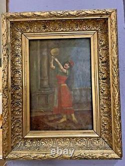 Orientalist Painting On Dance Panel With Tambourine 19th