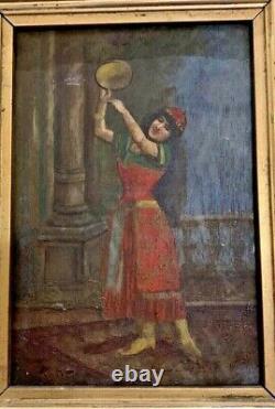 Orientalist Painting On Dance Panel With Tambourine 19th