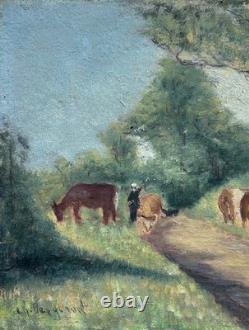 Original Antique Oil Painting, Landscape Scene with Cows, Impressionism, Signed