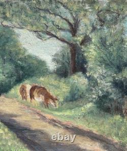 Original Antique Oil Painting, Landscape Scene with Cows, Impressionism, Signed