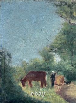 Original Antique Oil Painting, Landscape Scene with Cows, Impressionism, Signed