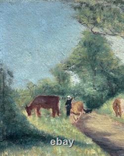 Original Antique Oil Painting, Landscape Scene with Cows, Impressionism, Signed
