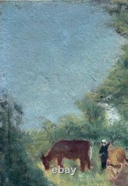 Original Antique Oil Painting, Landscape Scene with Cows, Impressionism, Signed