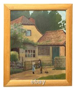 Original Oil Painting Antique Landscape Garden, House Boy & Girl Meeting, Framed